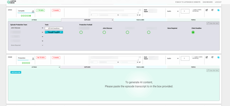 The ListenDesk Dashboard | Production Team management
